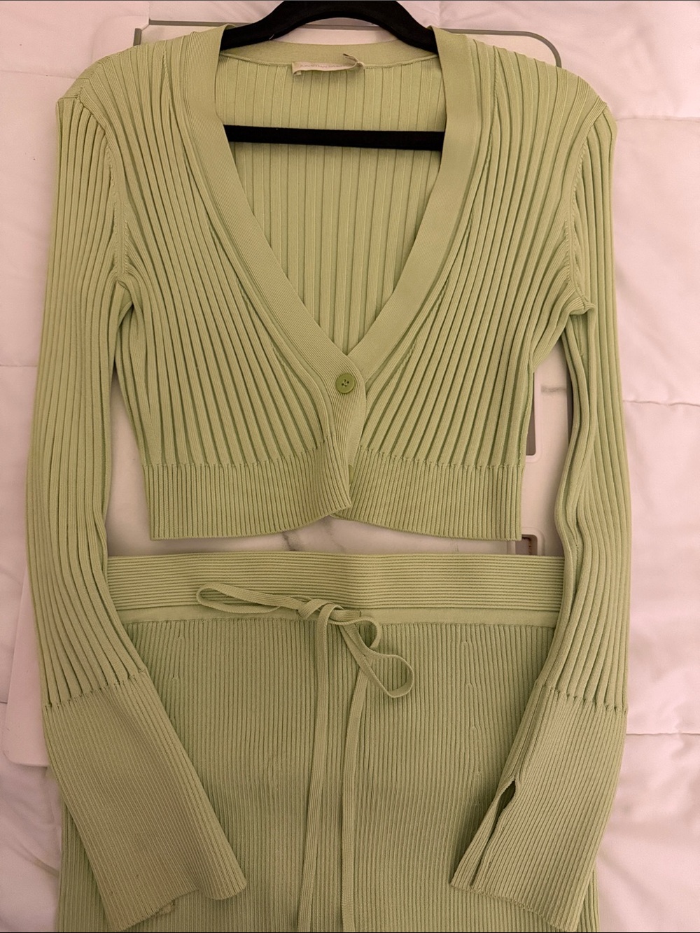 SIMKHAI 3 Piece Knit Crop Cardigan, Bralette & Skirt Set in Light Green
